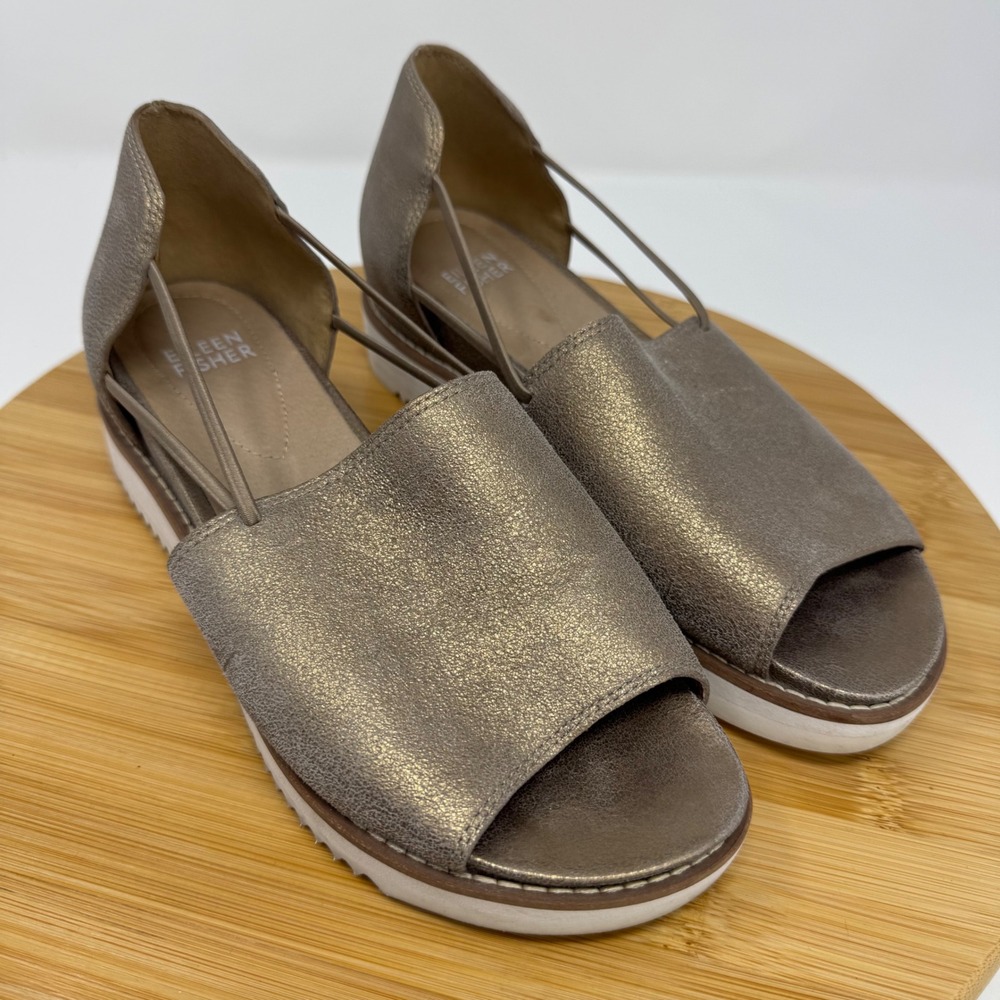 Eileen Fisher Gold Metallic Leather Platform Sandals Cutout 6.5 Open Toe Slides